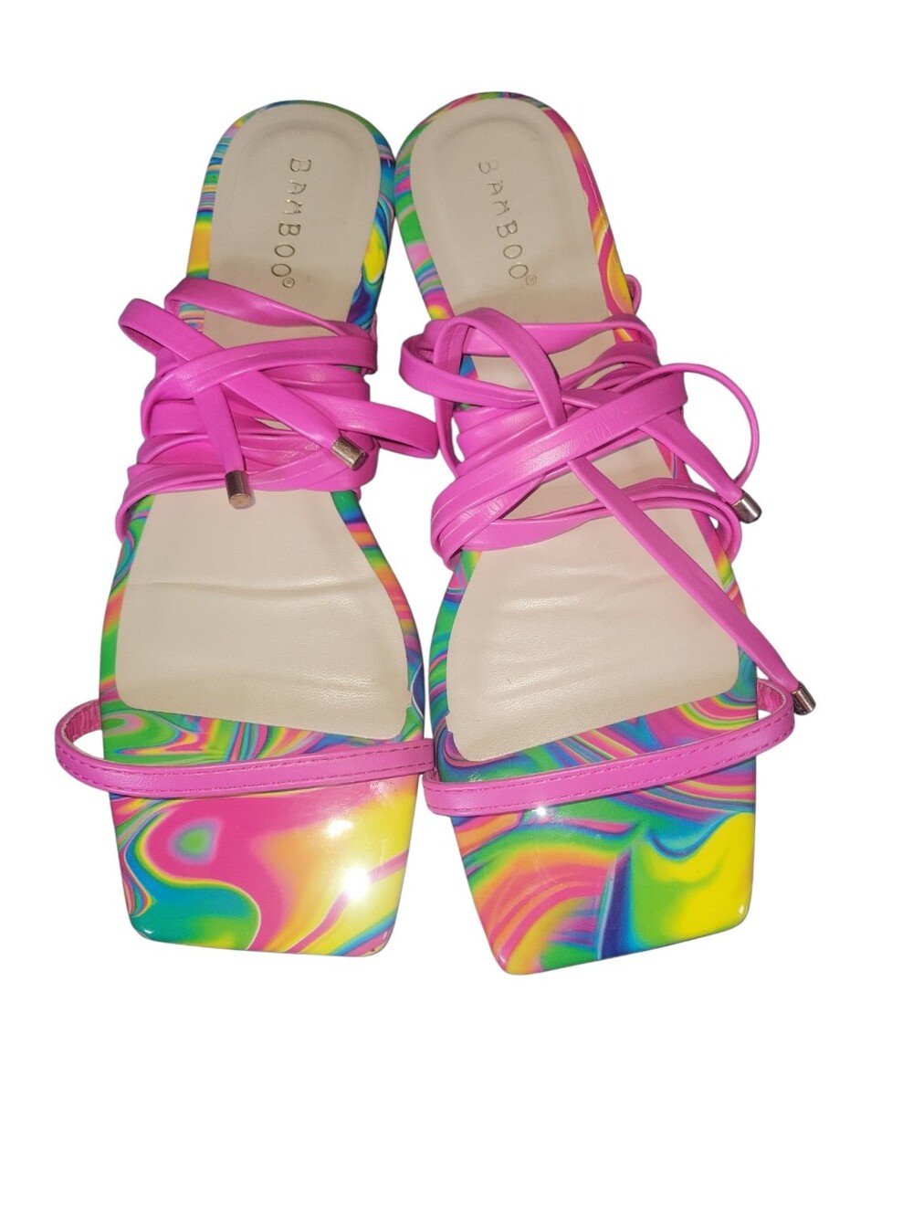 Bamboo Hot Pink Vibrant Multicolor Strappy Swirl Lace-Up Slide Sandals 7 1/2